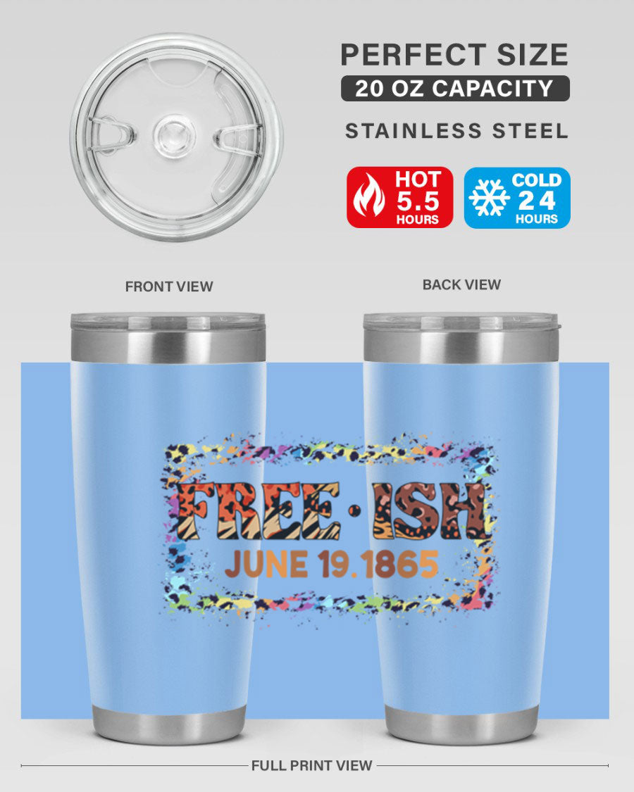 FreeIsh June 1865 Juneteenth tumbler in stainless steel, showcasing its sleek design and vibrant print.