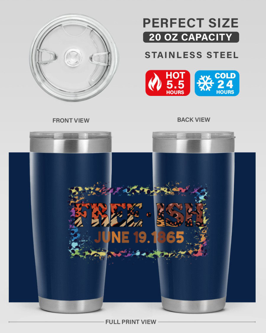 FreeIsh June 1865 Juneteenth tumbler in stainless steel, showcasing its sleek design and vibrant print.