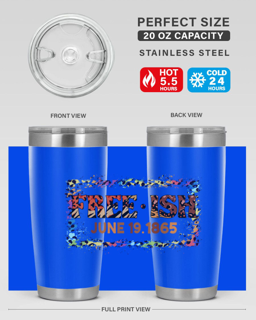 FreeIsh June 1865 Juneteenth tumbler in stainless steel, showcasing its sleek design and vibrant print.