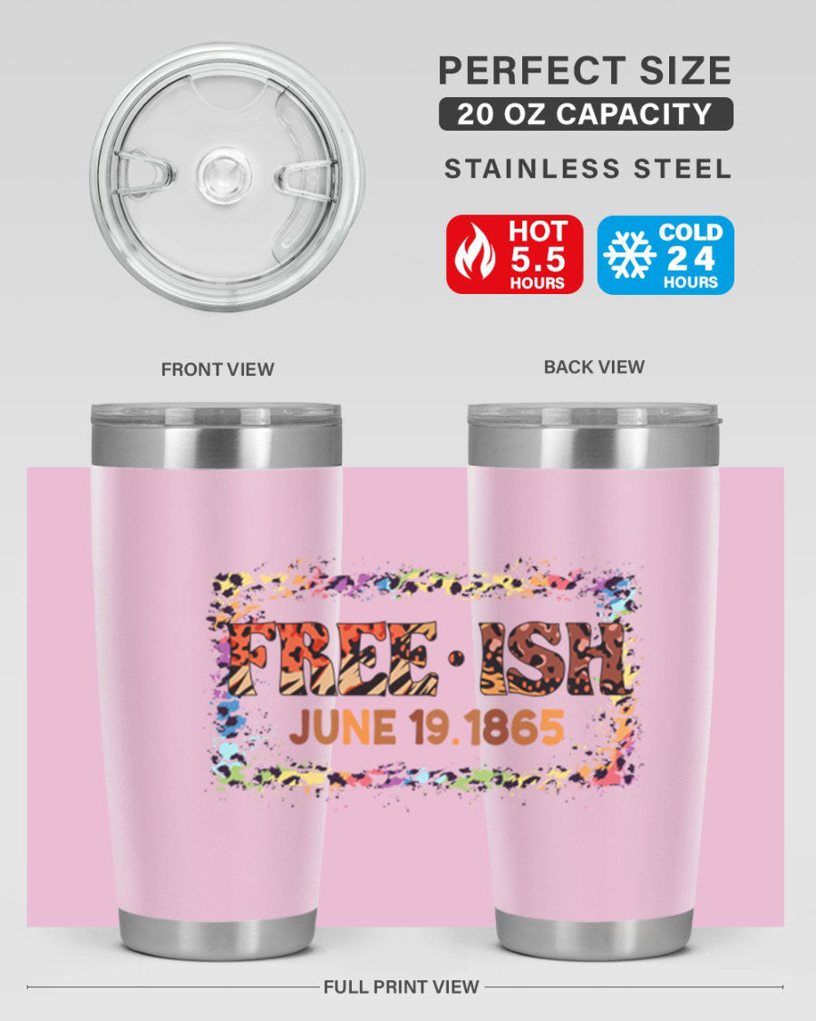 FreeIsh June 1865 Juneteenth tumbler in stainless steel, showcasing its sleek design and vibrant print.