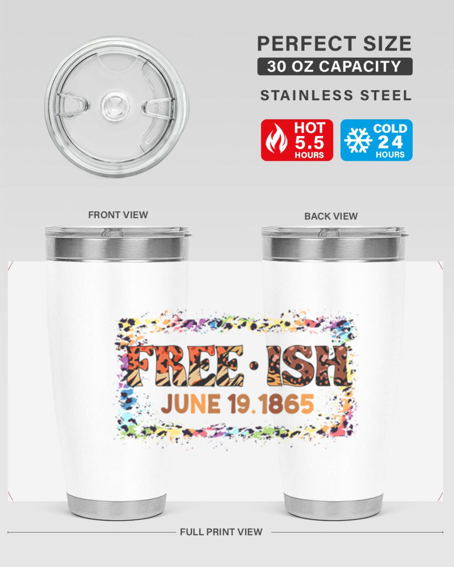 FreeIsh June 1865 Juneteenth tumbler in stainless steel, showcasing its sleek design and vibrant print.