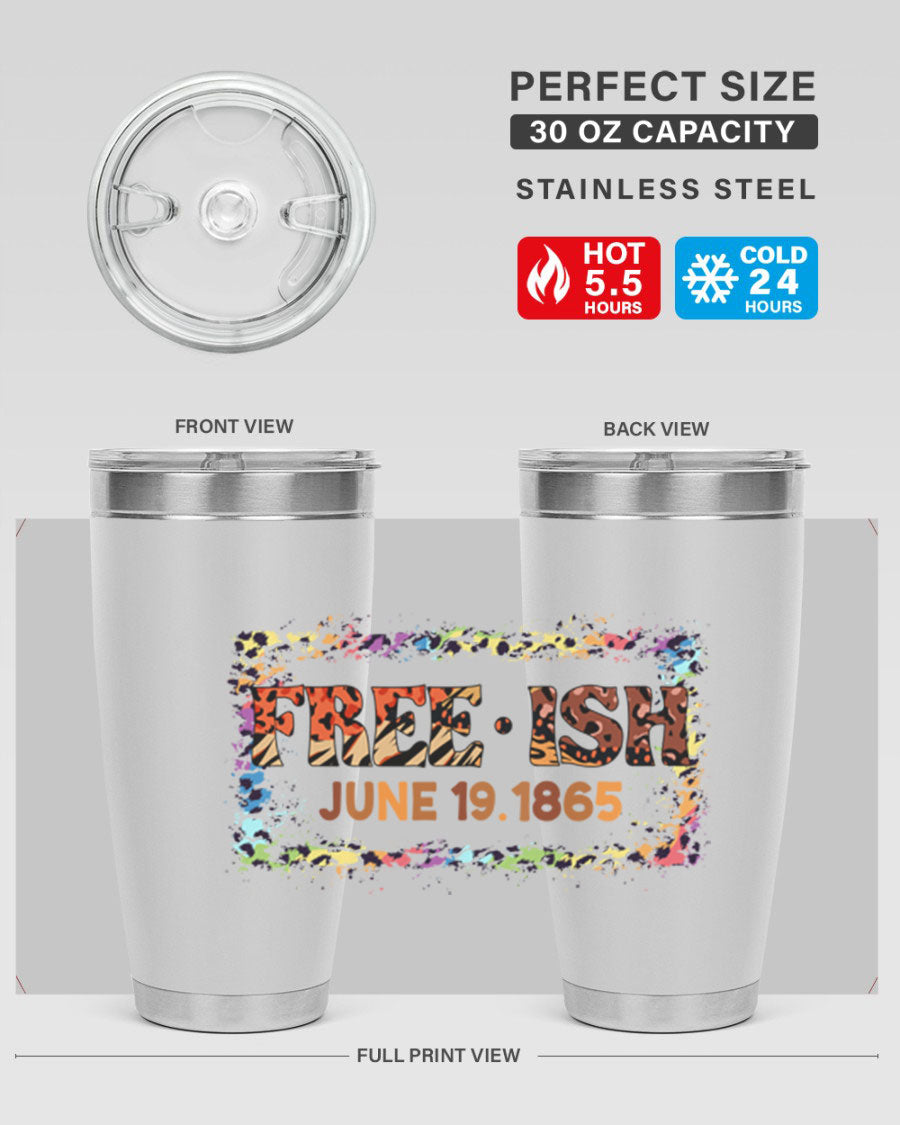 FreeIsh June 1865 Juneteenth tumbler in stainless steel, showcasing its sleek design and vibrant print.