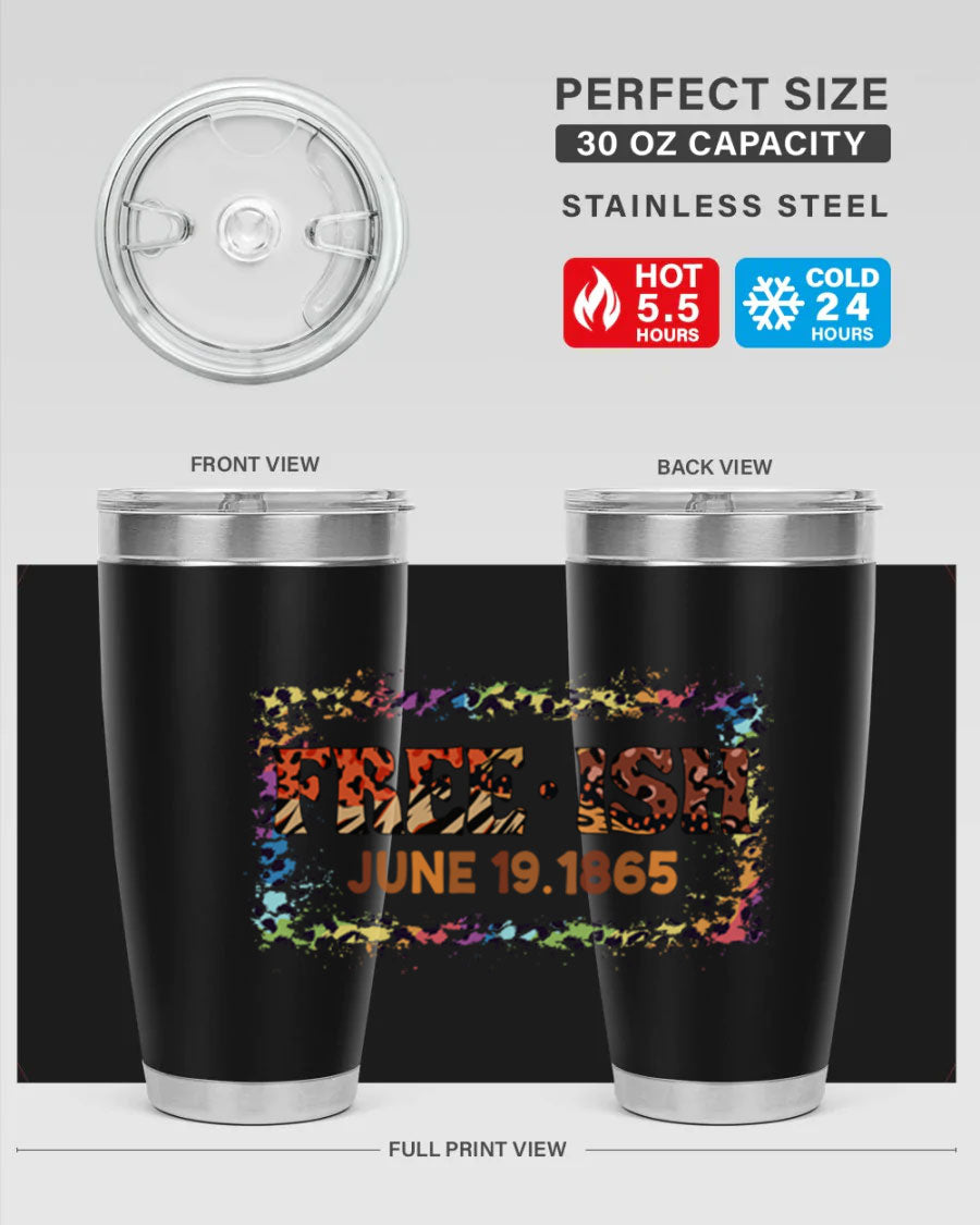 FreeIsh June 1865 Juneteenth tumbler in stainless steel, showcasing its sleek design and vibrant print.