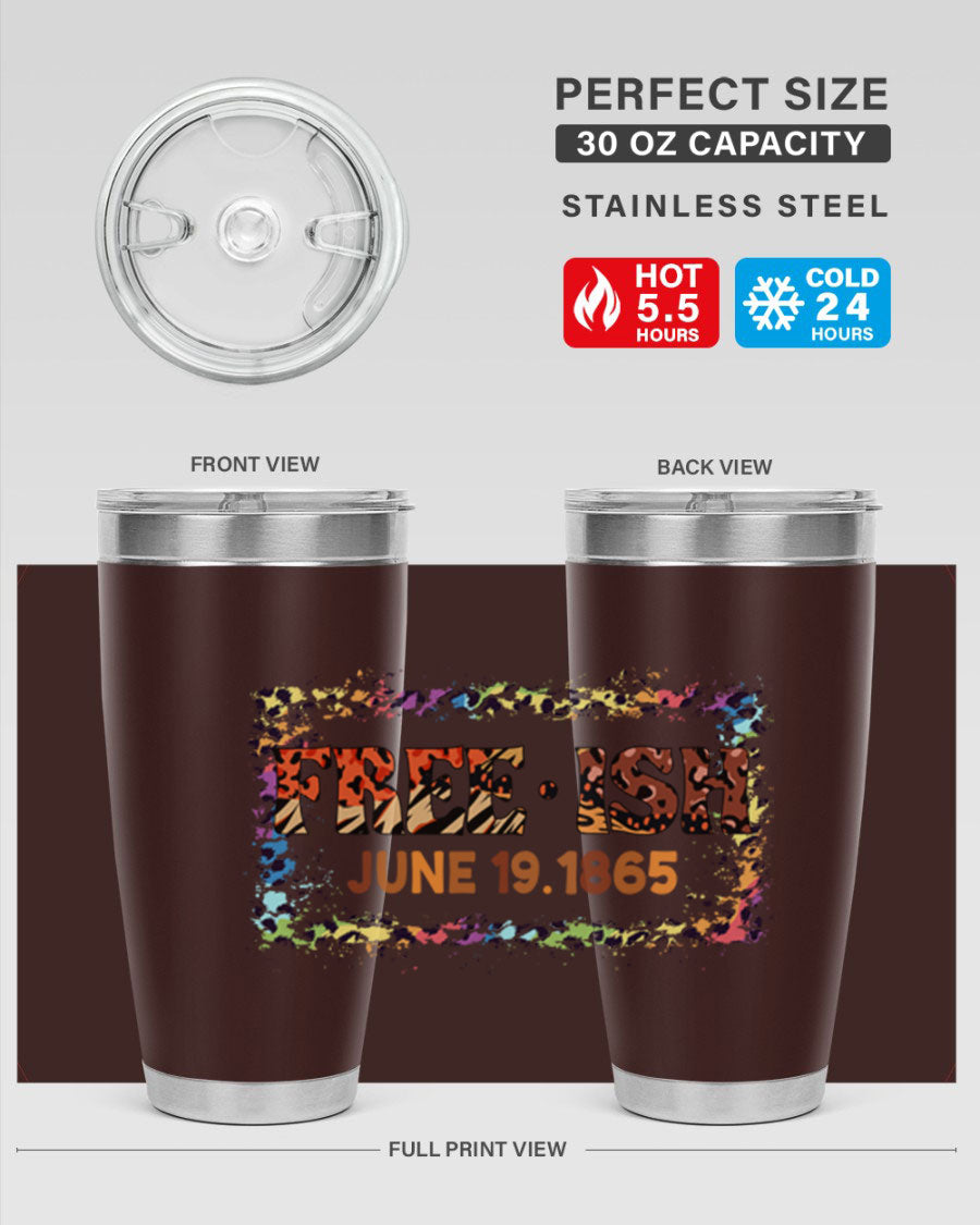 FreeIsh June 1865 Juneteenth tumbler in stainless steel, showcasing its sleek design and vibrant print.