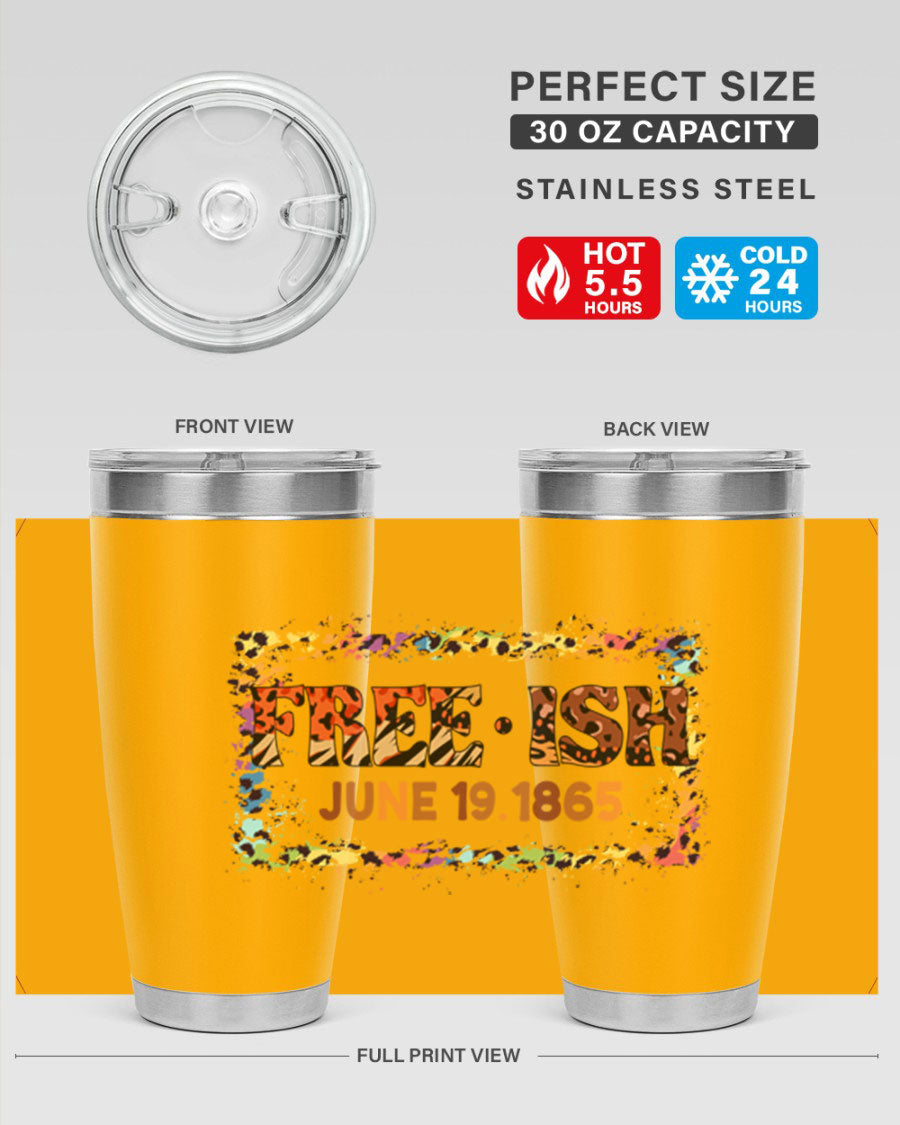 FreeIsh June 1865 Juneteenth tumbler in stainless steel, showcasing its sleek design and vibrant print.