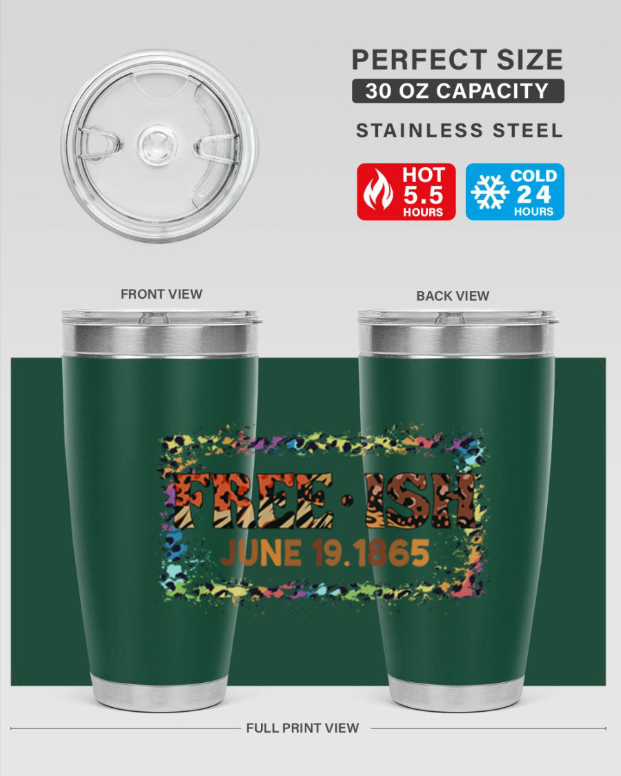 FreeIsh June 1865 Juneteenth tumbler in stainless steel, showcasing its sleek design and vibrant print.