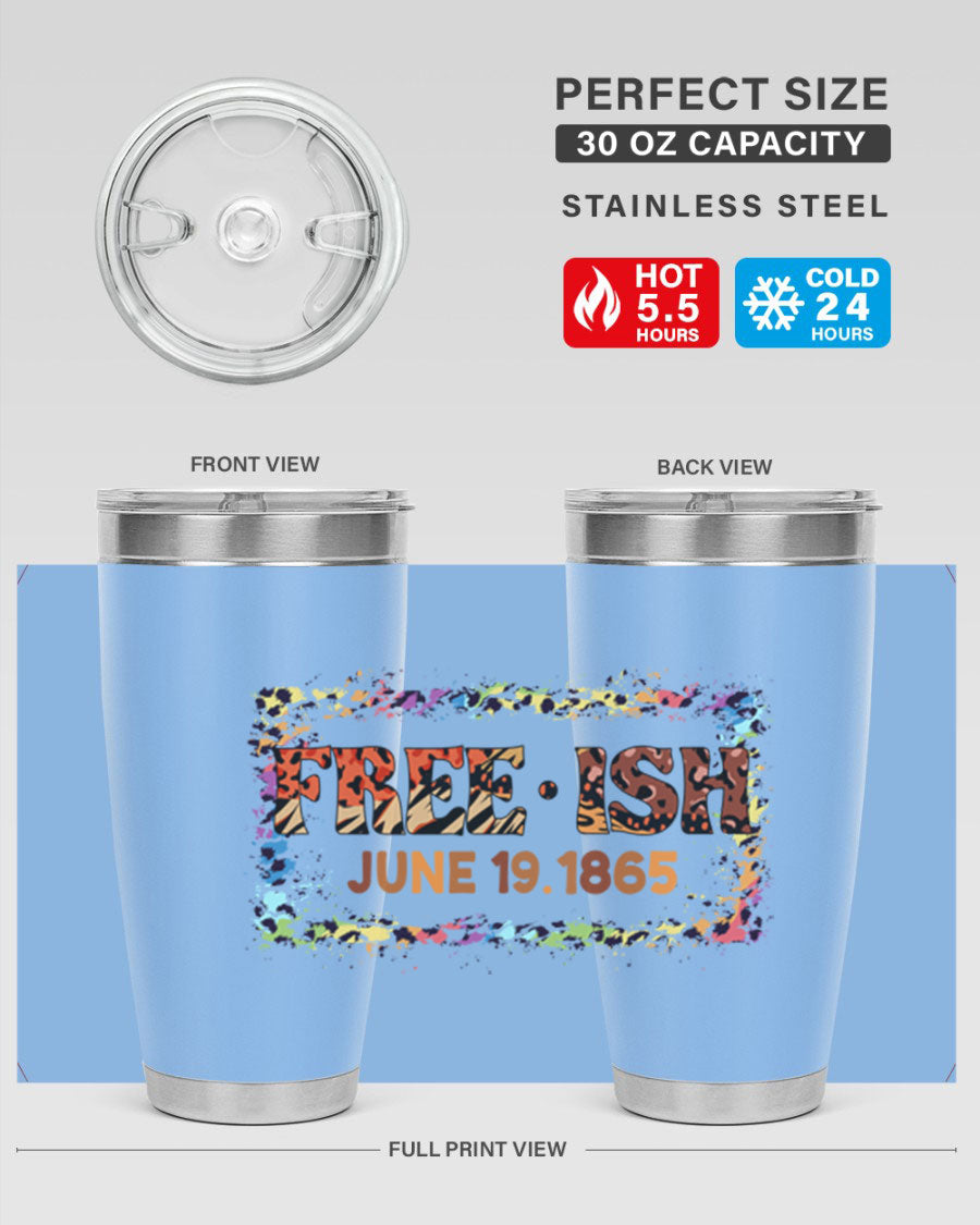 FreeIsh June 1865 Juneteenth tumbler in stainless steel, showcasing its sleek design and vibrant print.