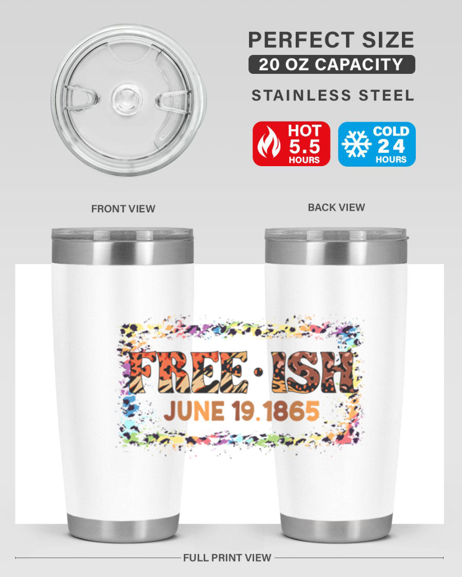 FreeIsh June 1865 Juneteenth tumbler in stainless steel, showcasing its sleek design and vibrant print.
