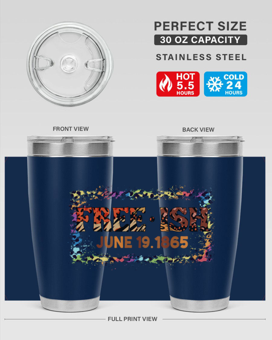 FreeIsh June 1865 Juneteenth tumbler in stainless steel, showcasing its sleek design and vibrant print.