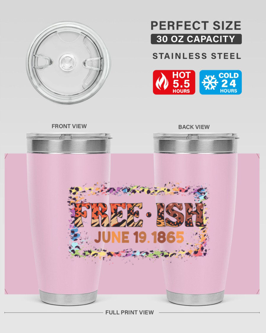 FreeIsh June 1865 Juneteenth tumbler in stainless steel, showcasing its sleek design and vibrant print.