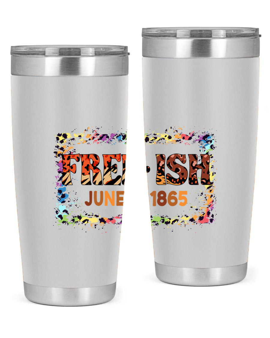 FreeIsh June 1865 Juneteenth tumbler in stainless steel, showcasing its sleek design and vibrant print.