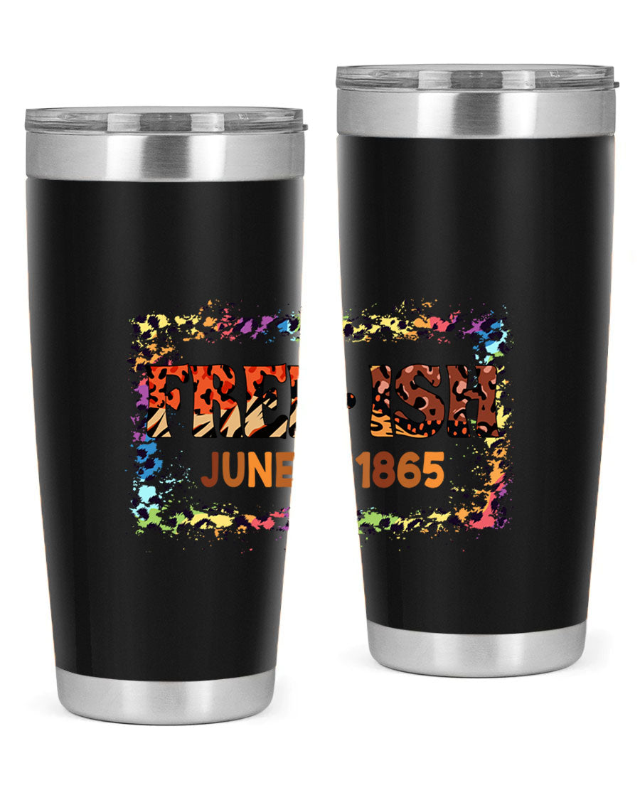 FreeIsh June 1865 Juneteenth tumbler in stainless steel, showcasing its sleek design and vibrant print.