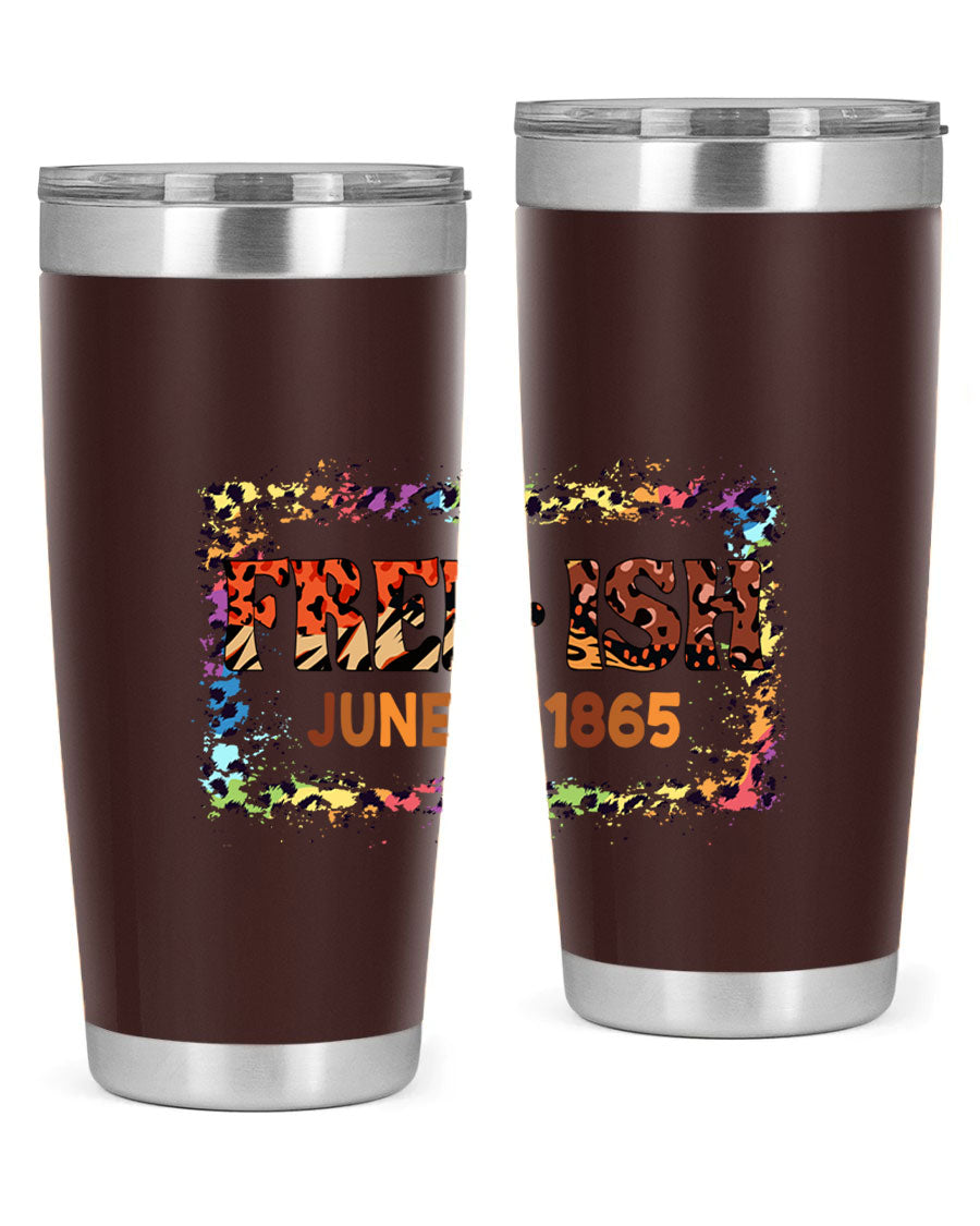 FreeIsh June 1865 Juneteenth tumbler in stainless steel, showcasing its sleek design and vibrant print.