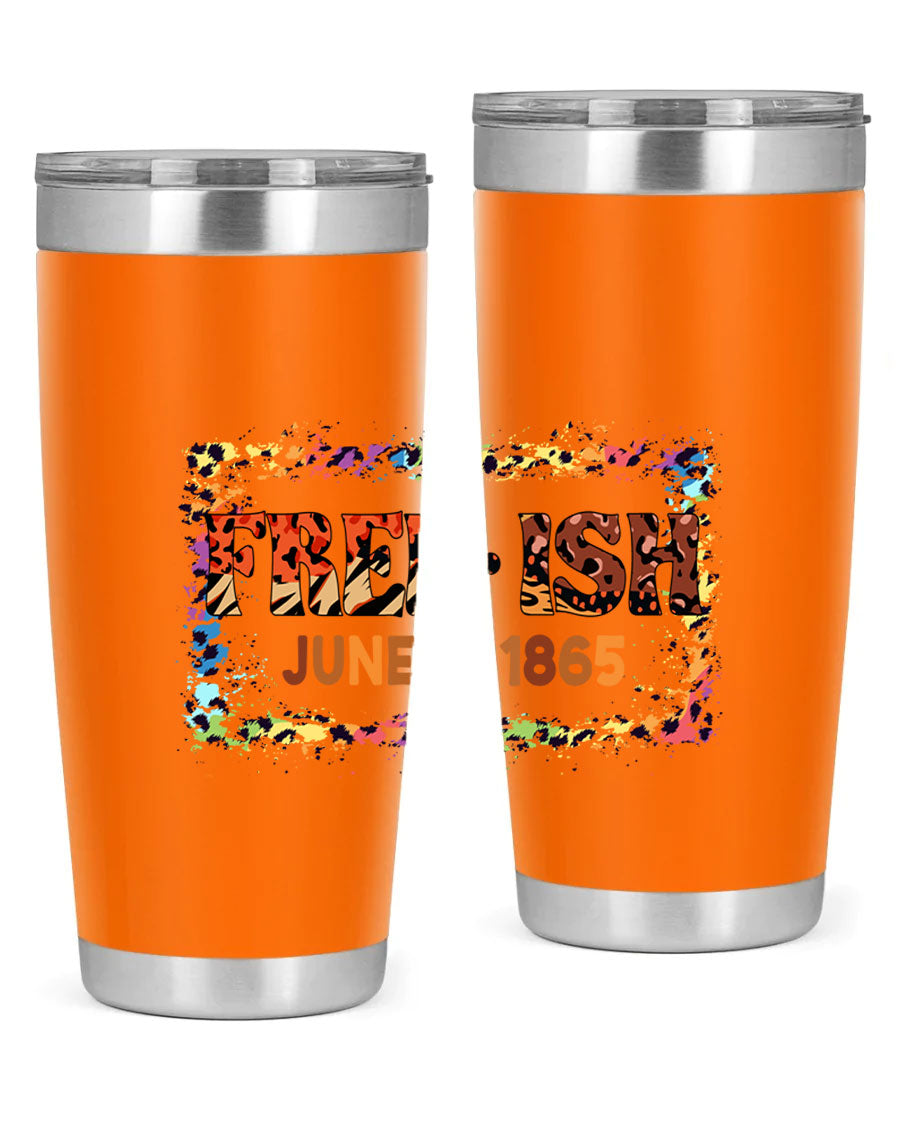 FreeIsh June 1865 Juneteenth tumbler in stainless steel, showcasing its sleek design and vibrant print.