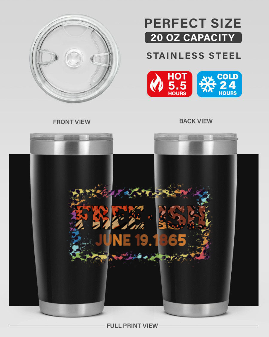 FreeIsh June 1865 Juneteenth tumbler in stainless steel, showcasing its sleek design and vibrant print.