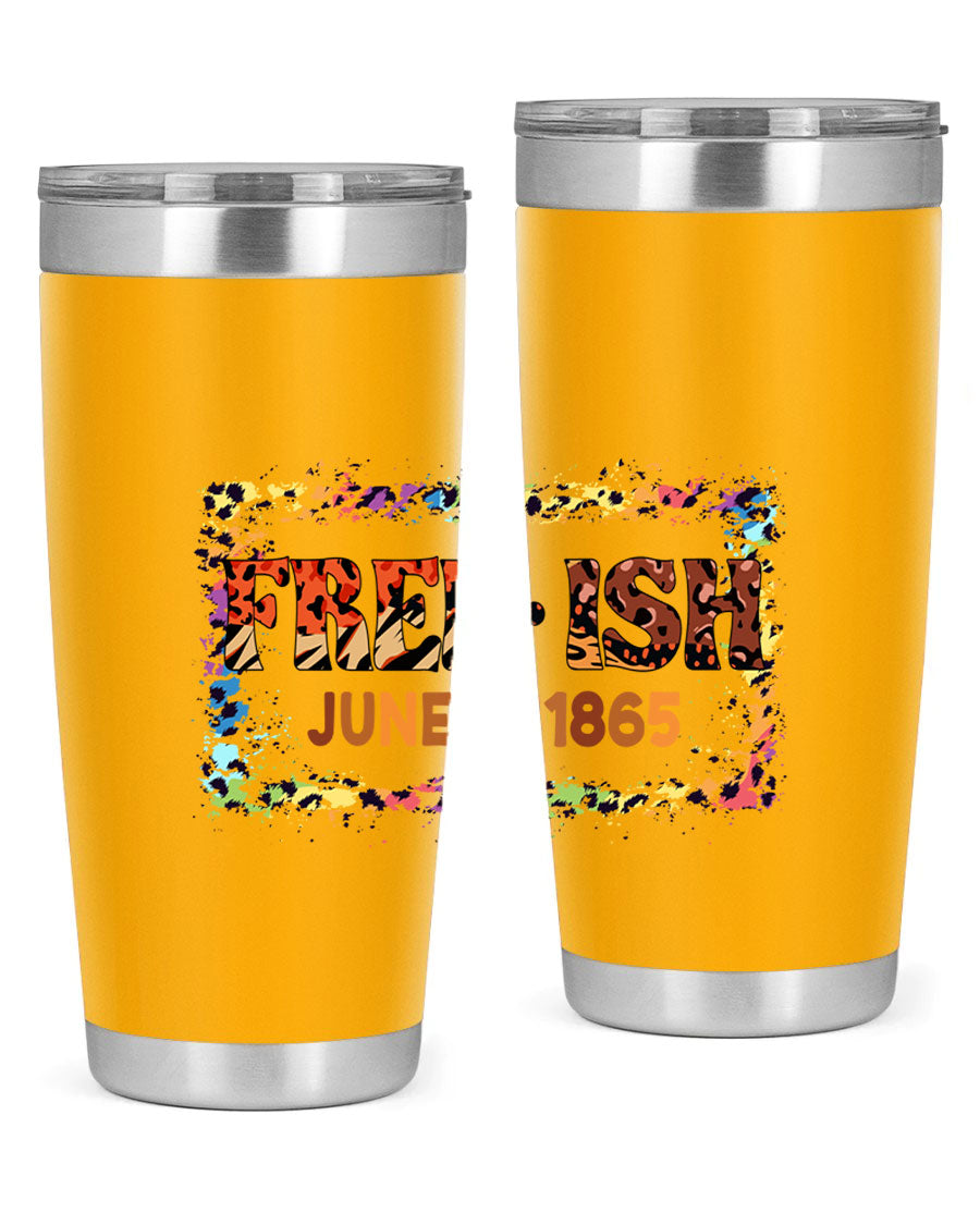 FreeIsh June 1865 Juneteenth tumbler in stainless steel, showcasing its sleek design and vibrant print.
