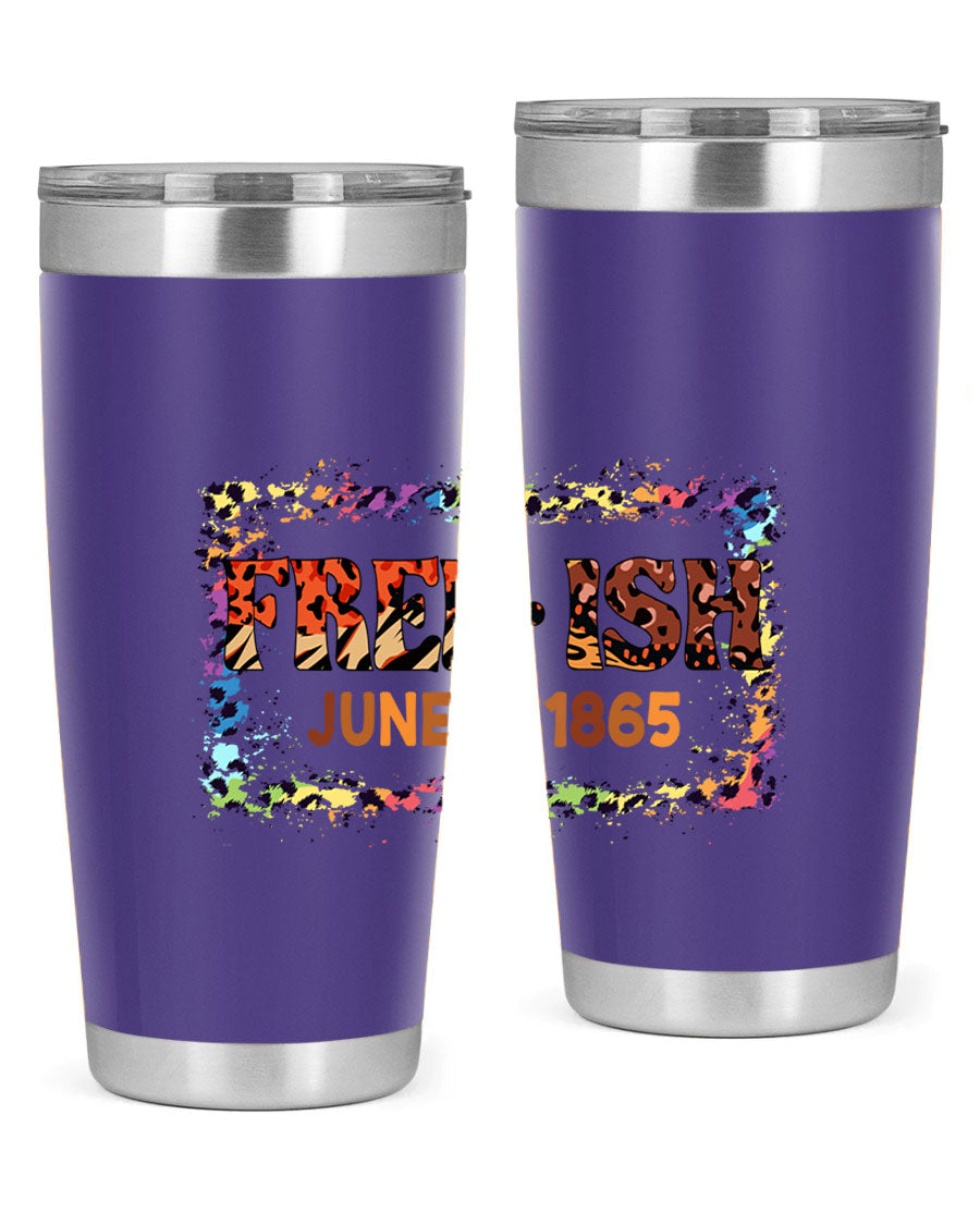 FreeIsh June 1865 Juneteenth tumbler in stainless steel, showcasing its sleek design and vibrant print.