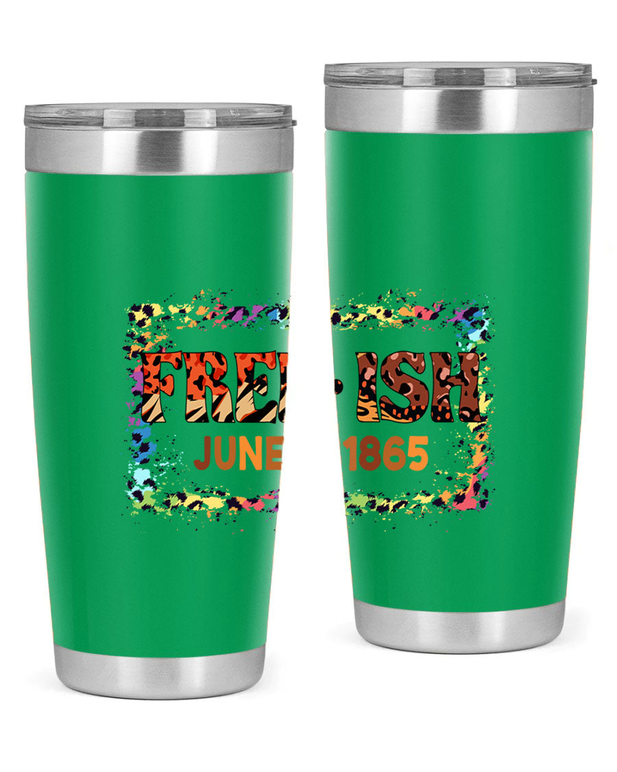 FreeIsh June 1865 Juneteenth tumbler in stainless steel, showcasing its sleek design and vibrant print.