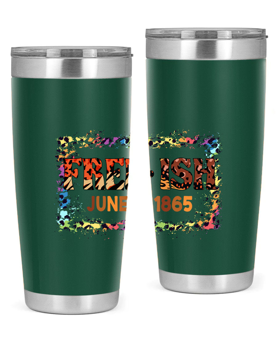 FreeIsh June 1865 Juneteenth tumbler in stainless steel, showcasing its sleek design and vibrant print.