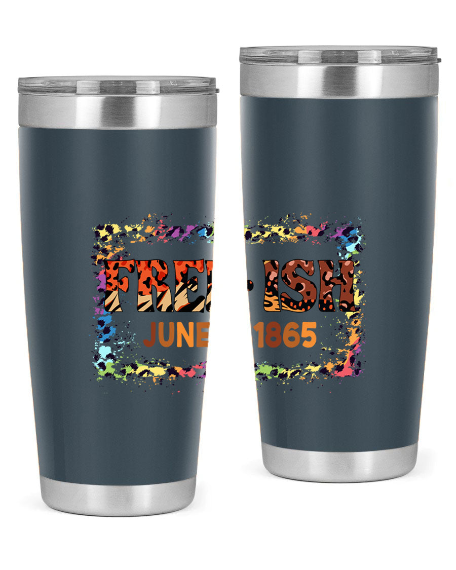 FreeIsh June 1865 Juneteenth tumbler in stainless steel, showcasing its sleek design and vibrant print.