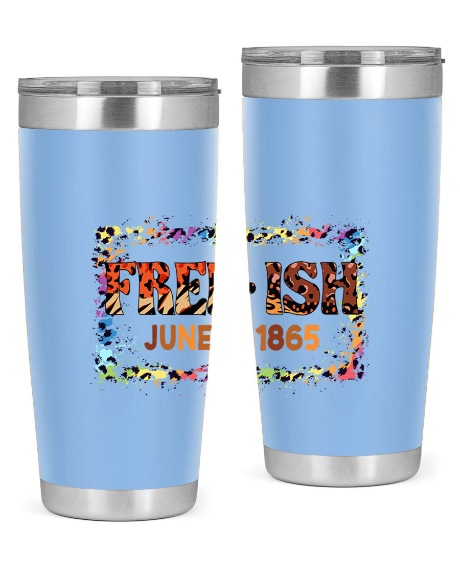 FreeIsh June 1865 Juneteenth tumbler in stainless steel, showcasing its sleek design and vibrant print.