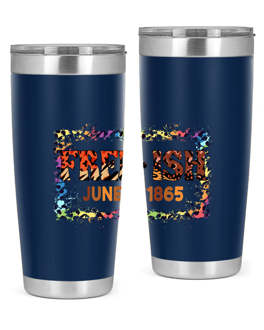 FreeIsh June 1865 Juneteenth tumbler in stainless steel, showcasing its sleek design and vibrant print.