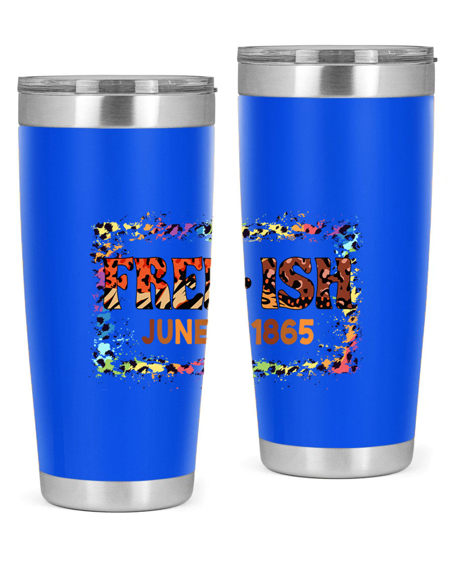 FreeIsh June 1865 Juneteenth tumbler in stainless steel, showcasing its sleek design and vibrant print.