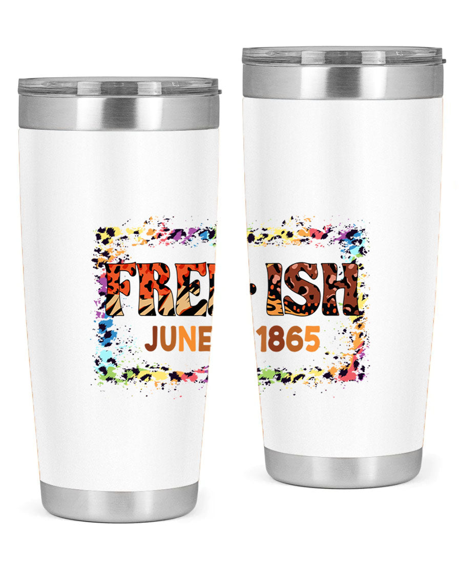 FreeIsh June 1865 Juneteenth tumbler in stainless steel, showcasing its sleek design and vibrant print.