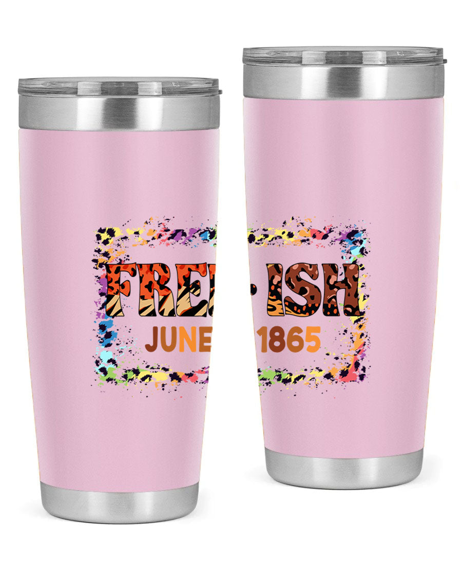 FreeIsh June 1865 Juneteenth tumbler in stainless steel, showcasing its sleek design and vibrant print.