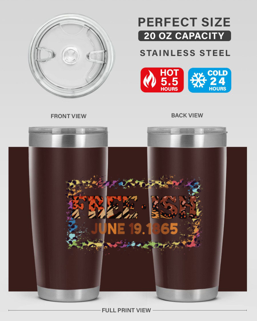 FreeIsh June 1865 Juneteenth tumbler in stainless steel, showcasing its sleek design and vibrant print.