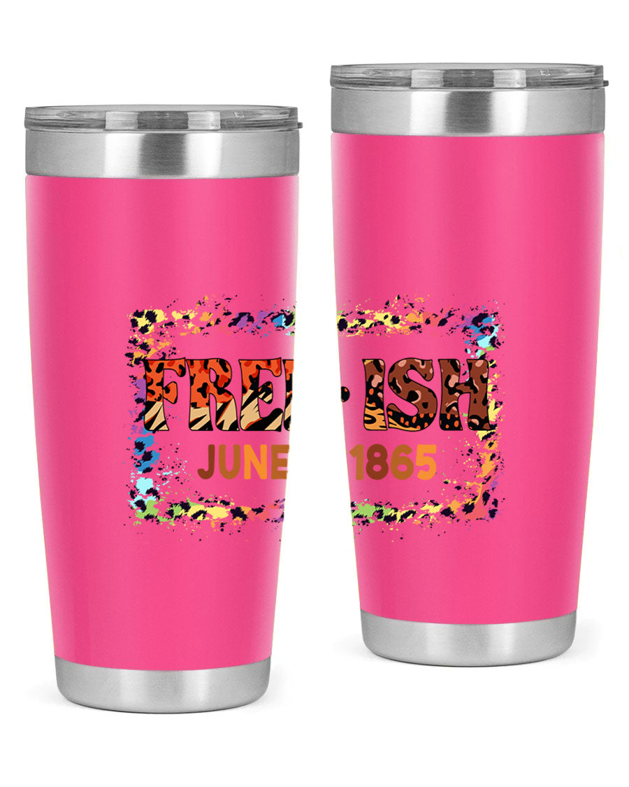 FreeIsh June 1865 Juneteenth tumbler in stainless steel, showcasing its sleek design and vibrant print.