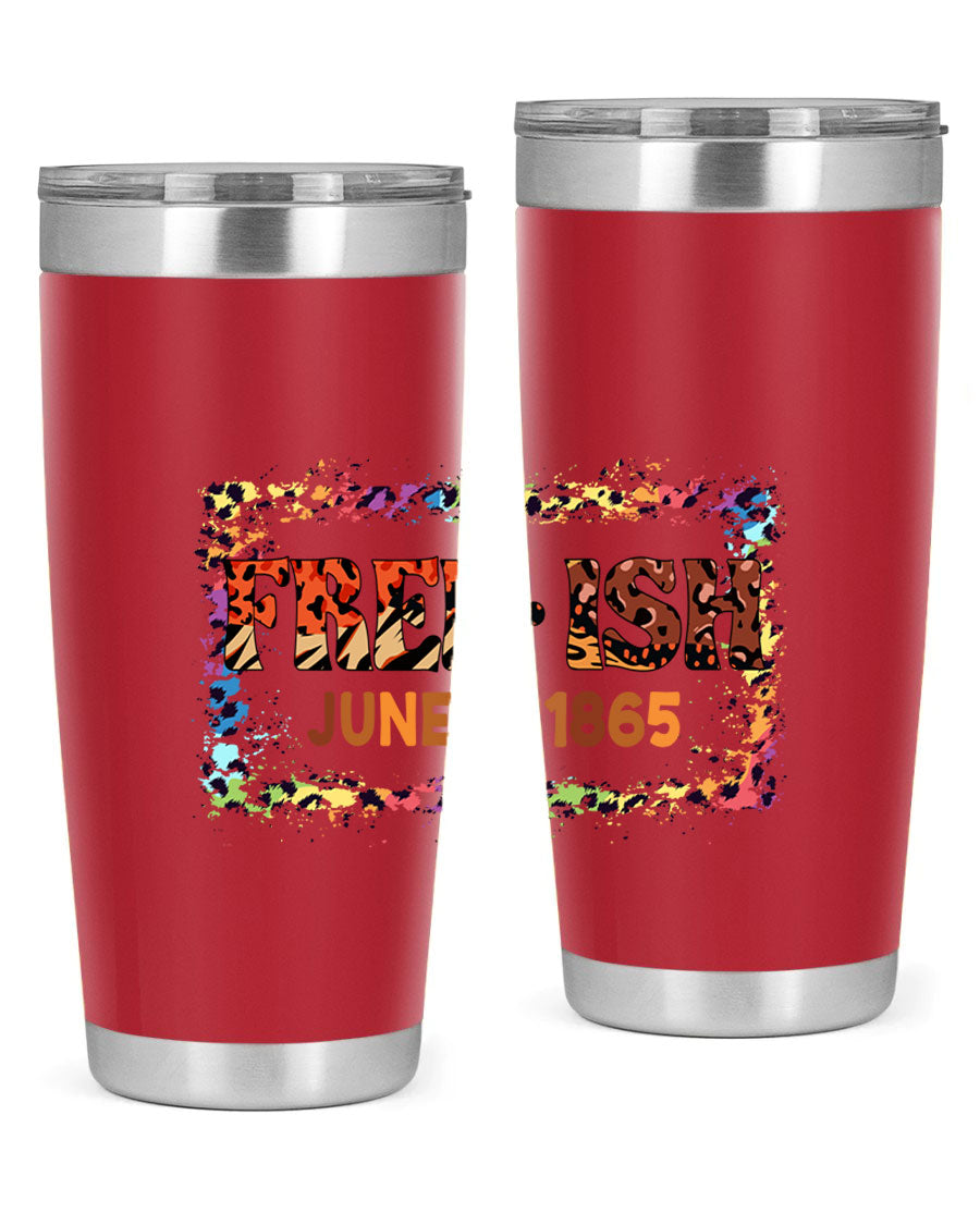 FreeIsh June 1865 Juneteenth tumbler in stainless steel, showcasing its sleek design and vibrant print.