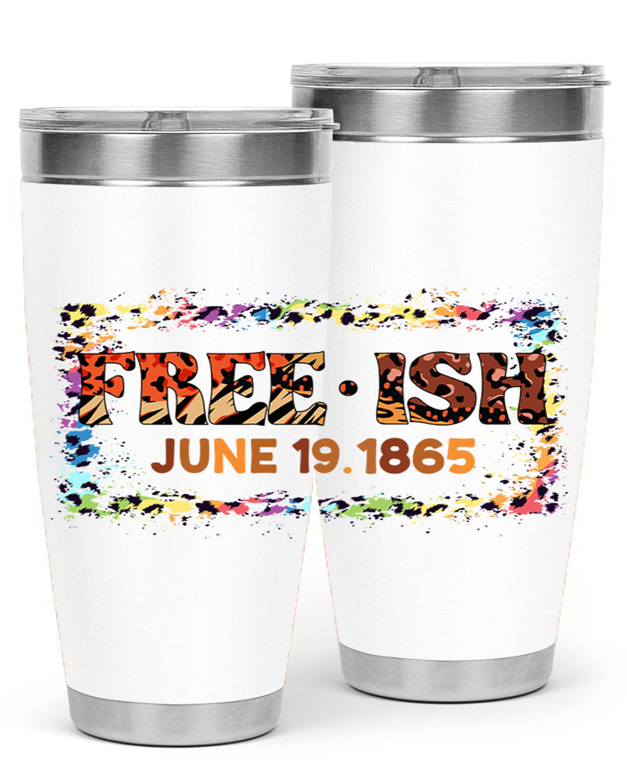 FreeIsh June 1865 Juneteenth tumbler in stainless steel, showcasing its sleek design and vibrant print.
