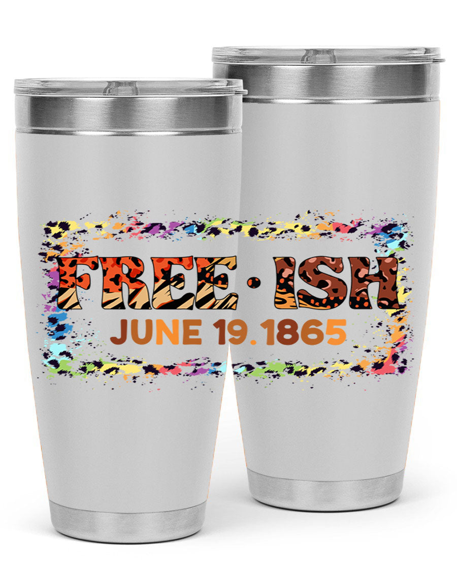 FreeIsh June 1865 Juneteenth tumbler in stainless steel, showcasing its sleek design and vibrant print.