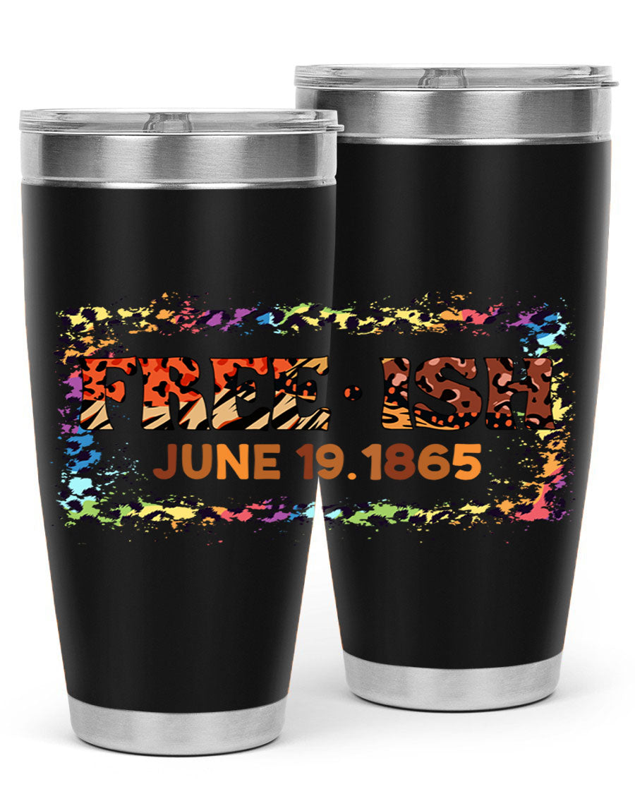 FreeIsh June 1865 Juneteenth tumbler in stainless steel, showcasing its sleek design and vibrant print.