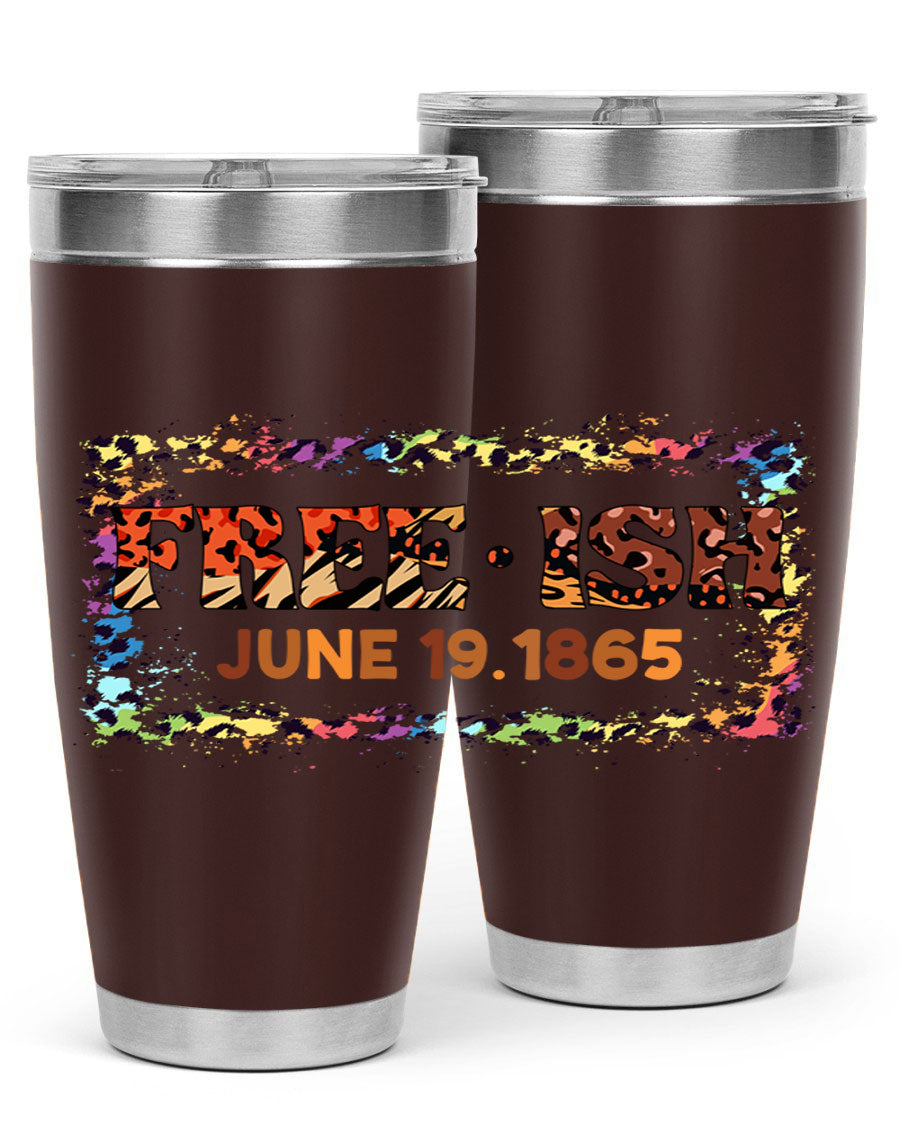 FreeIsh June 1865 Juneteenth tumbler in stainless steel, showcasing its sleek design and vibrant print.