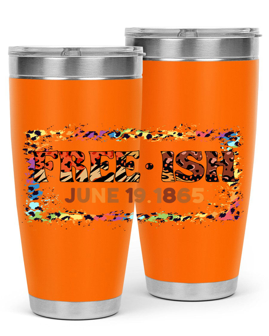 FreeIsh June 1865 Juneteenth tumbler in stainless steel, showcasing its sleek design and vibrant print.