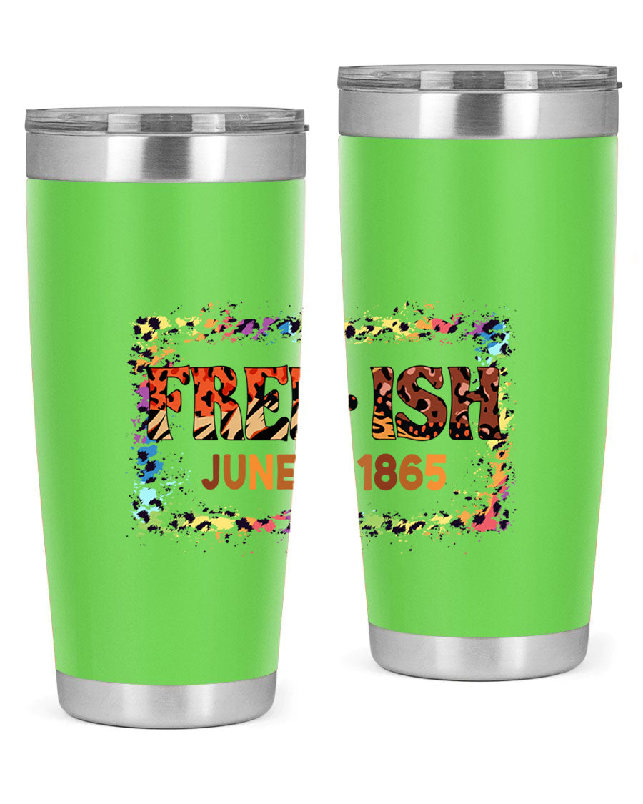 FreeIsh June 1865 Juneteenth tumbler in stainless steel, showcasing its sleek design and vibrant print.