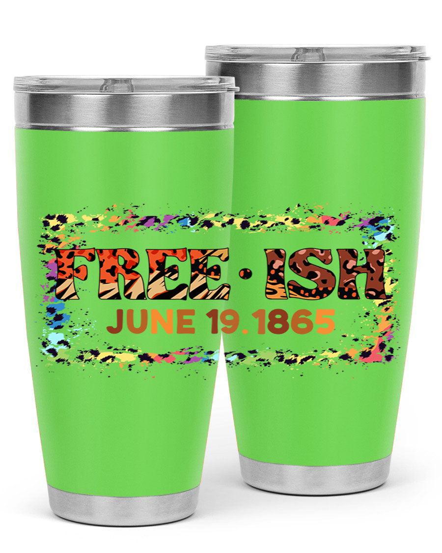 FreeIsh June 1865 Juneteenth tumbler in stainless steel, showcasing its sleek design and vibrant print.