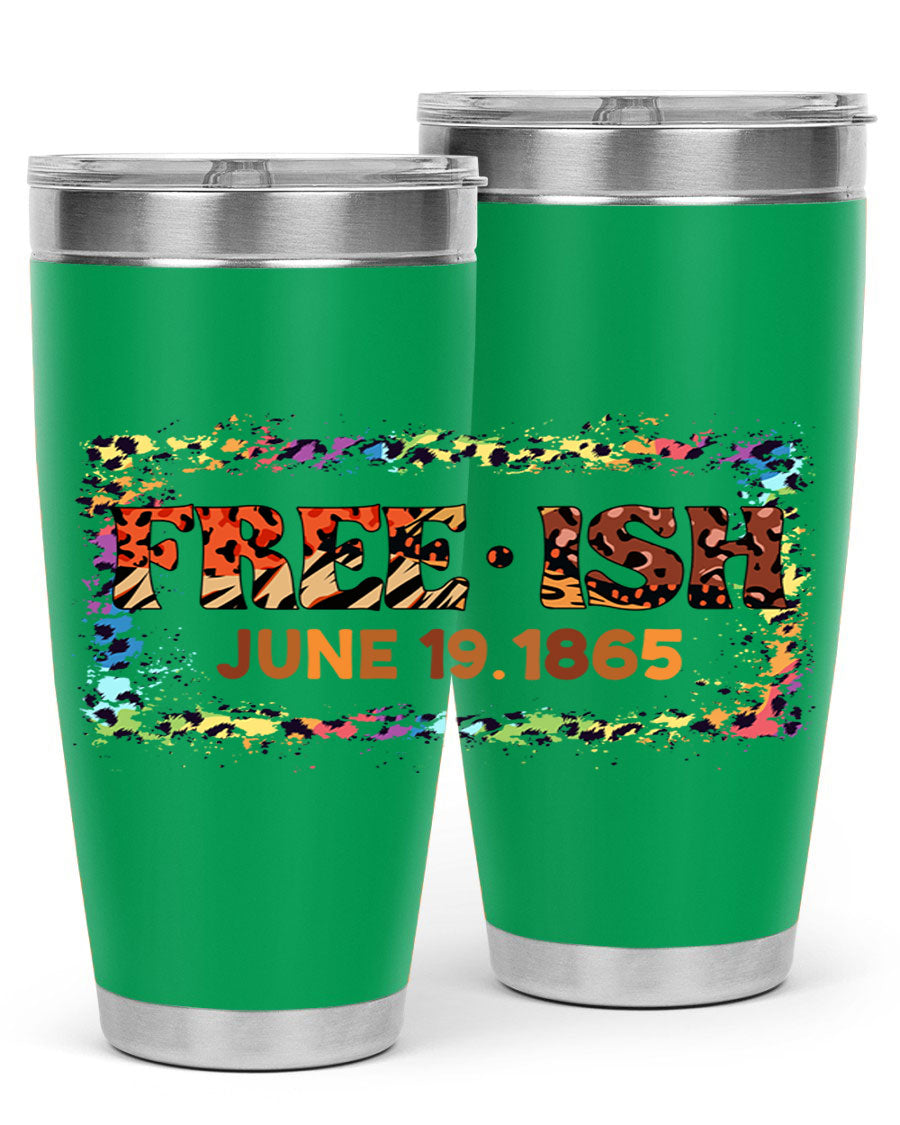 FreeIsh June 1865 Juneteenth tumbler in stainless steel, showcasing its sleek design and vibrant print.