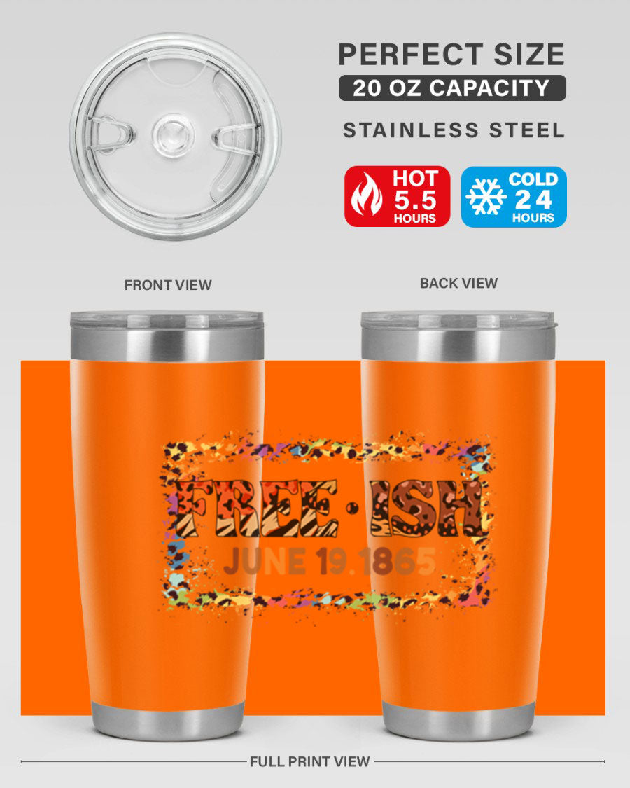 FreeIsh June 1865 Juneteenth tumbler in stainless steel, showcasing its sleek design and vibrant print.