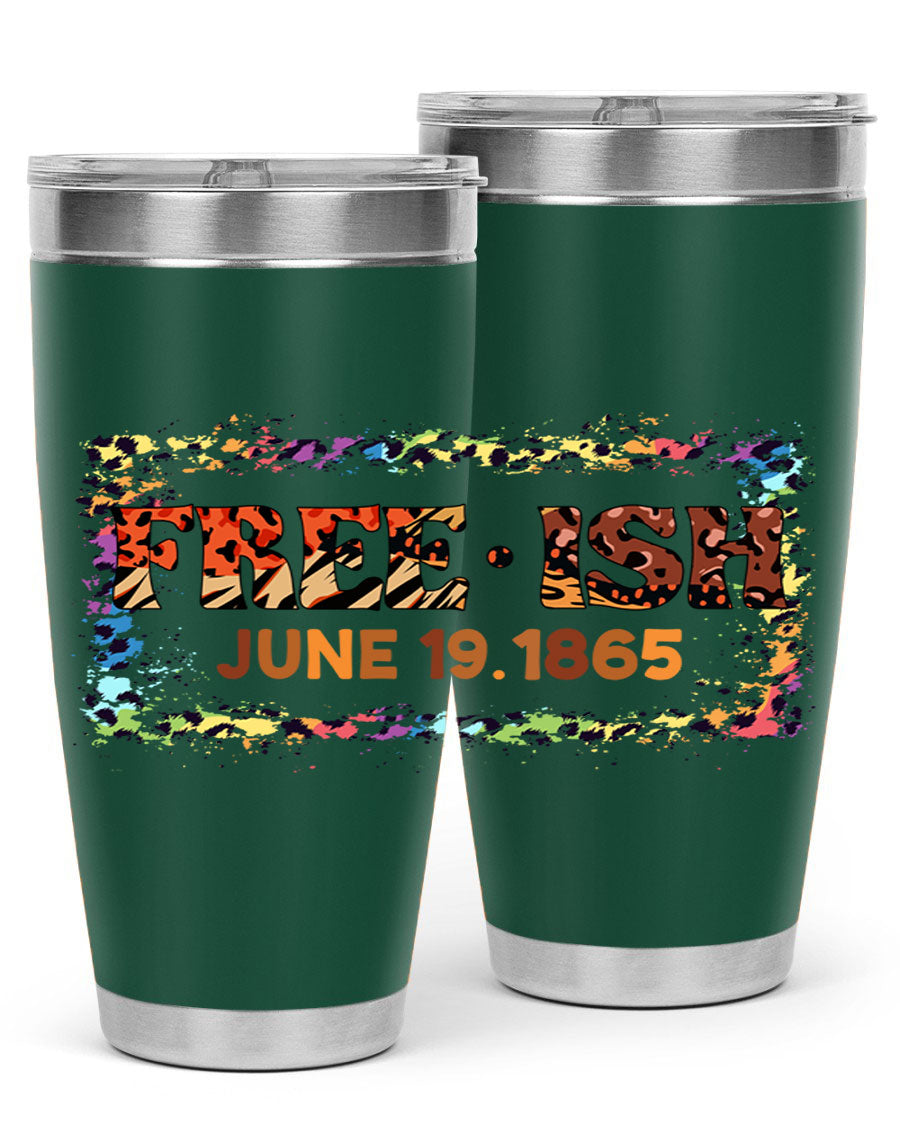 FreeIsh June 1865 Juneteenth tumbler in stainless steel, showcasing its sleek design and vibrant print.