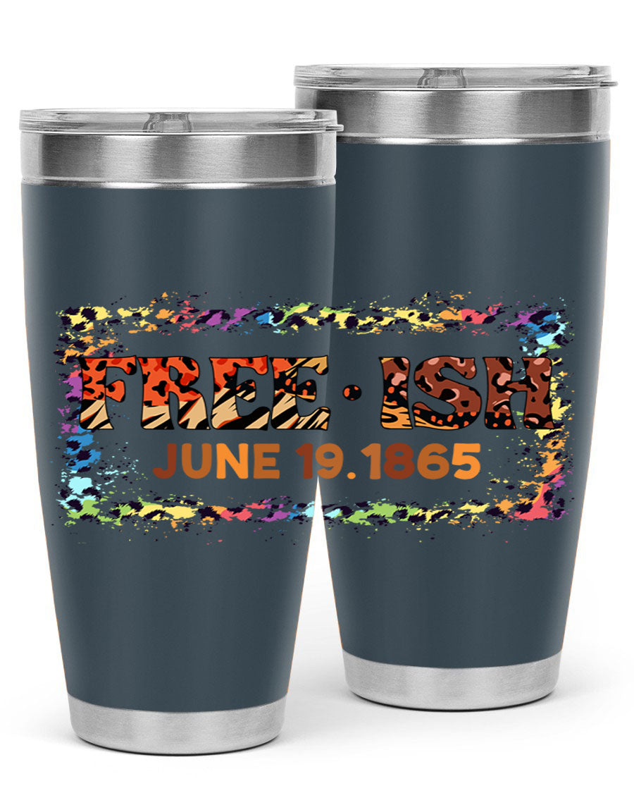 FreeIsh June 1865 Juneteenth tumbler in stainless steel, showcasing its sleek design and vibrant print.