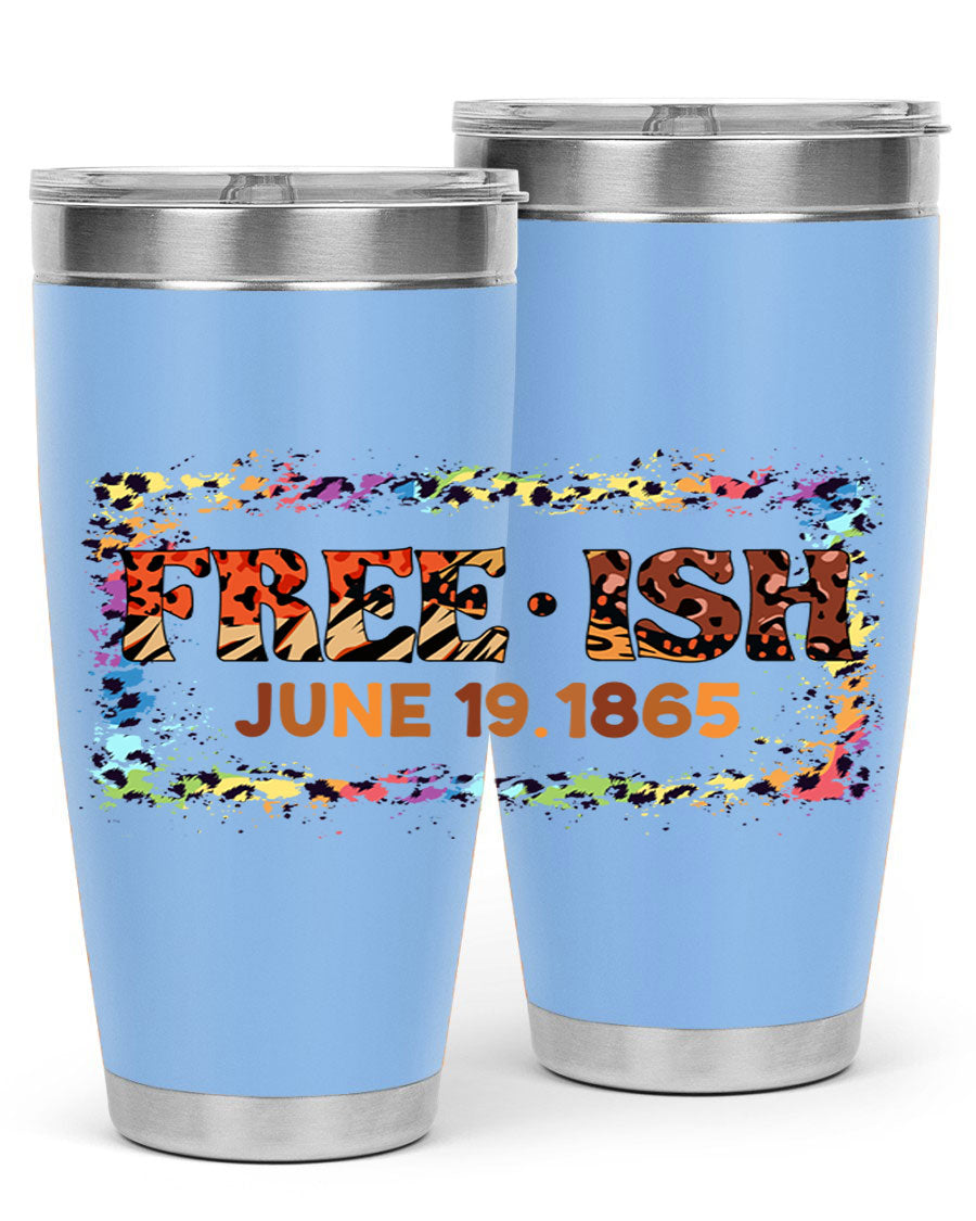 FreeIsh June 1865 Juneteenth tumbler in stainless steel, showcasing its sleek design and vibrant print.