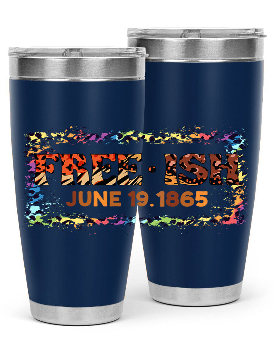 FreeIsh June 1865 Juneteenth tumbler in stainless steel, showcasing its sleek design and vibrant print.