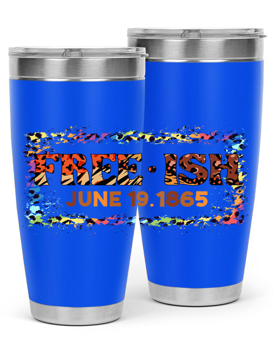 FreeIsh June 1865 Juneteenth tumbler in stainless steel, showcasing its sleek design and vibrant print.