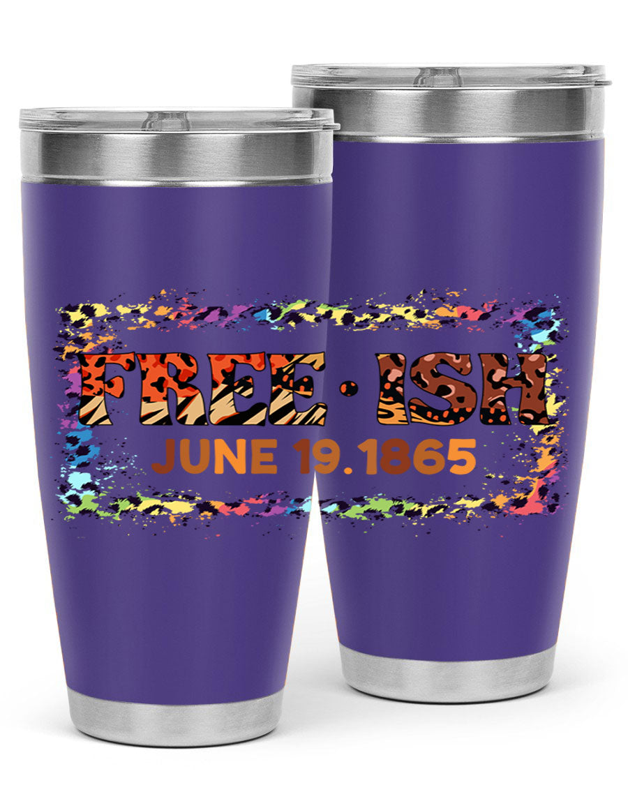 FreeIsh June 1865 Juneteenth tumbler in stainless steel, showcasing its sleek design and vibrant print.