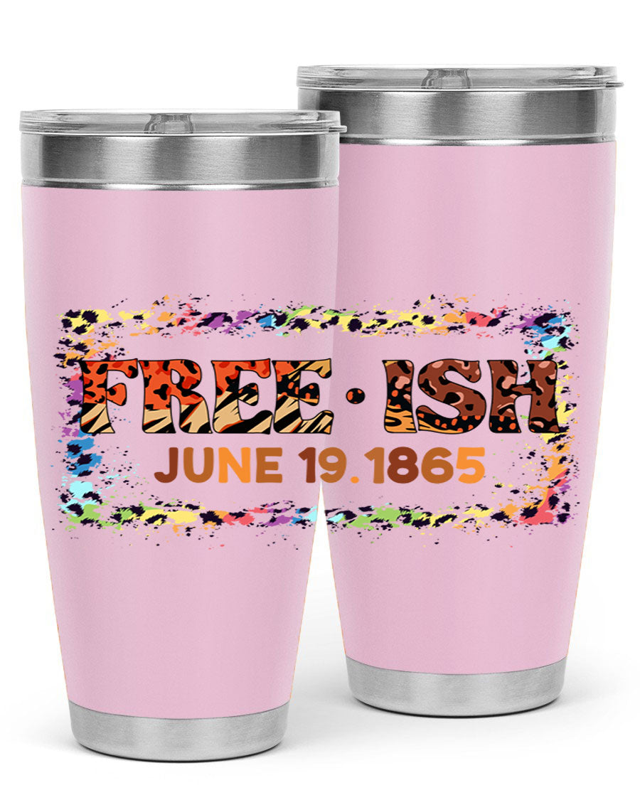 FreeIsh June 1865 Juneteenth tumbler in stainless steel, showcasing its sleek design and vibrant print.