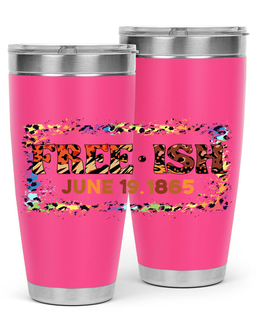 FreeIsh June 1865 Juneteenth tumbler in stainless steel, showcasing its sleek design and vibrant print.