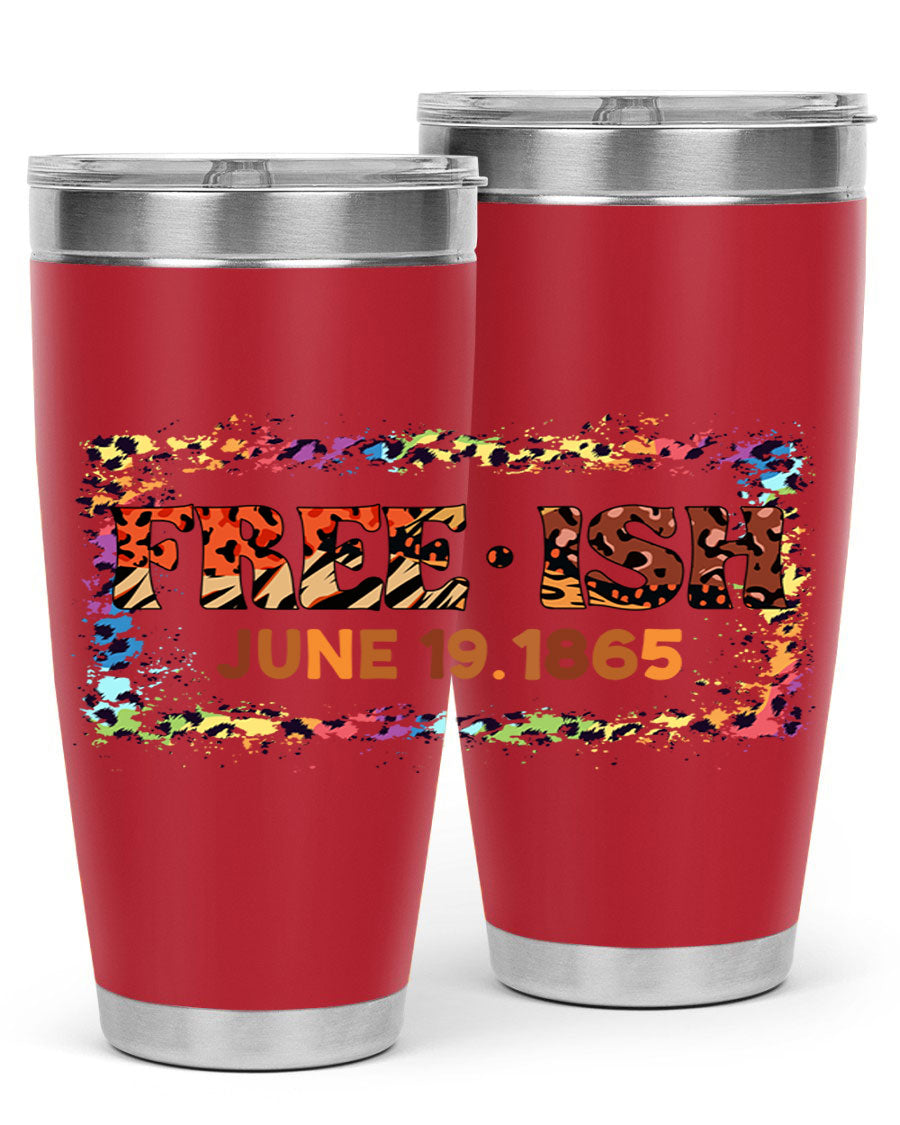 FreeIsh June 1865 Juneteenth tumbler in stainless steel, showcasing its sleek design and vibrant print.